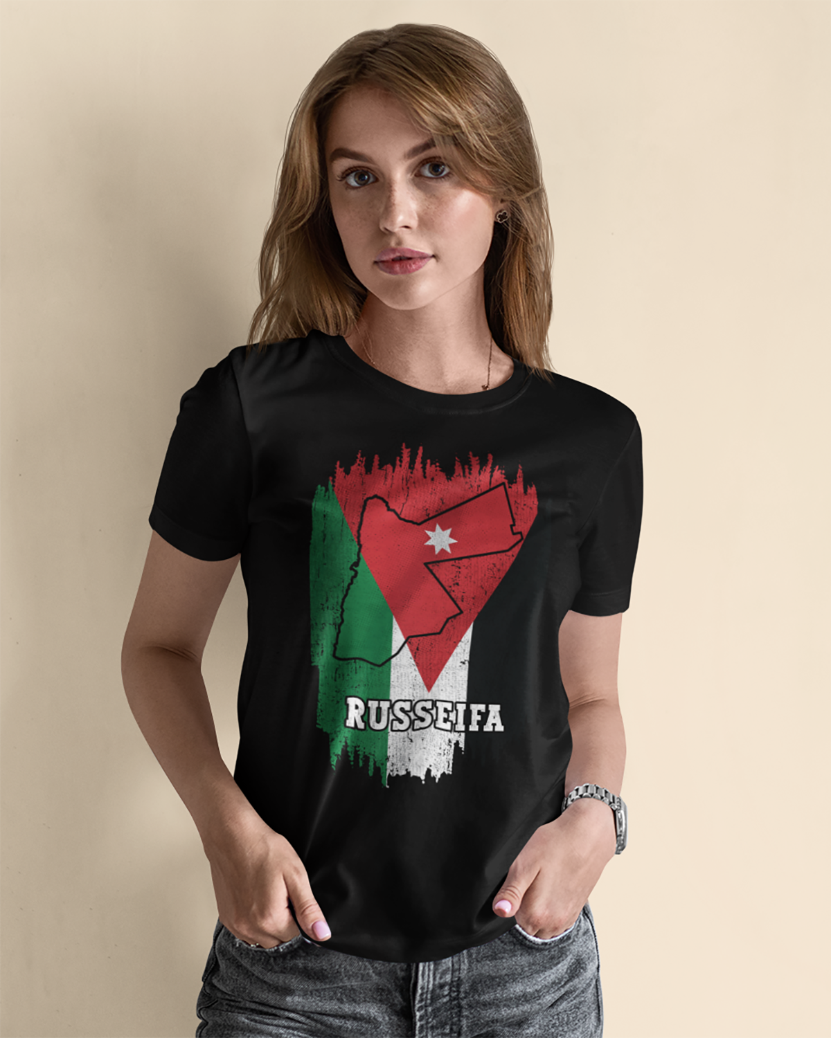 Jordanien-Flagge, Karte und Stadt – Russeifa Unisex T-Shirt