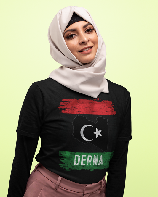 Libysche Flagge, Karte und Stadt – Derna Unisex T-Shirt