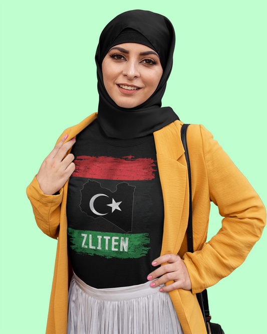 Libysche Flagge, Karte und Stadt – Zliten Unisex T-Shirt