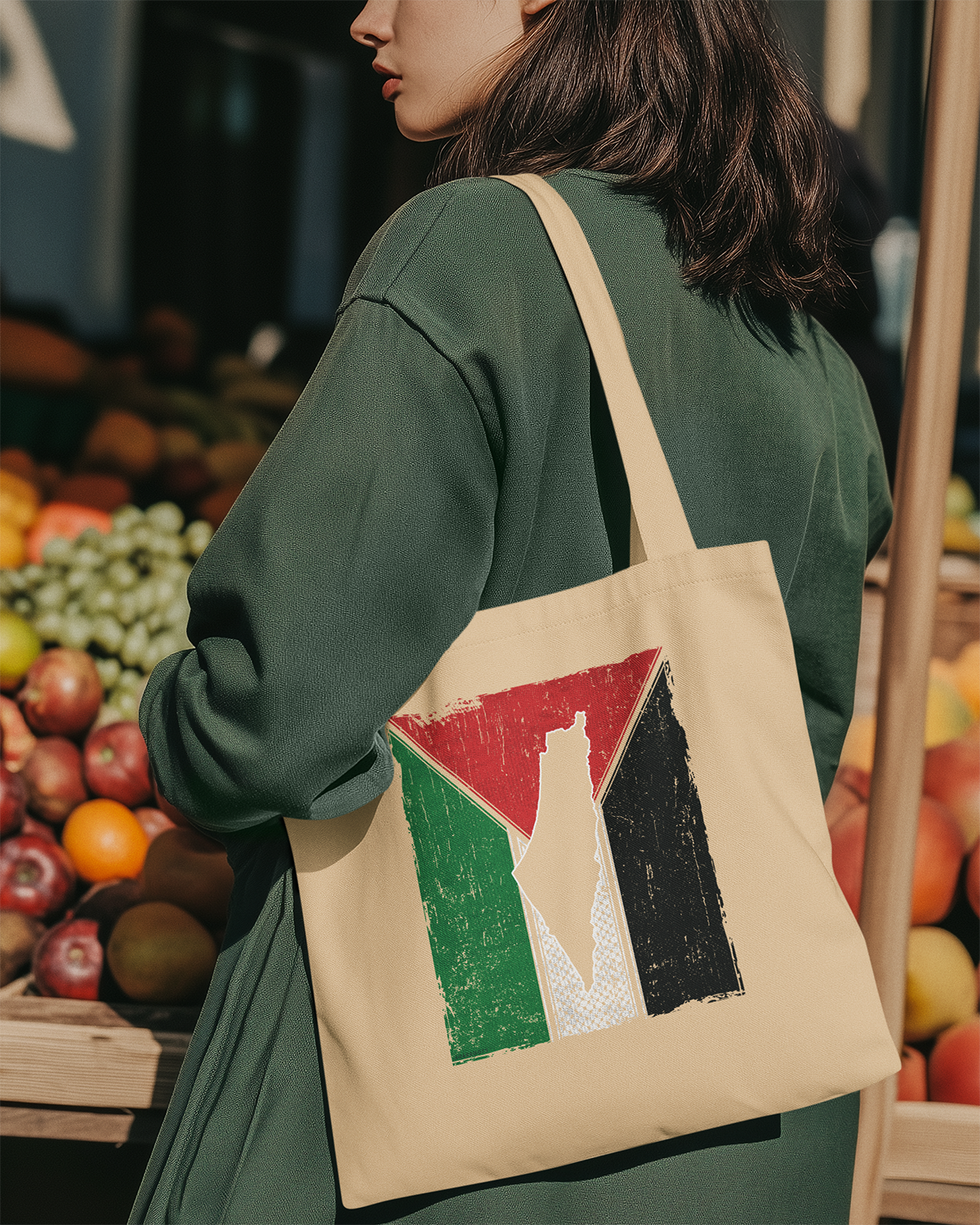 Palestine Flag, Map & Kufiya Fish Net Pattern Eco Tote Bag