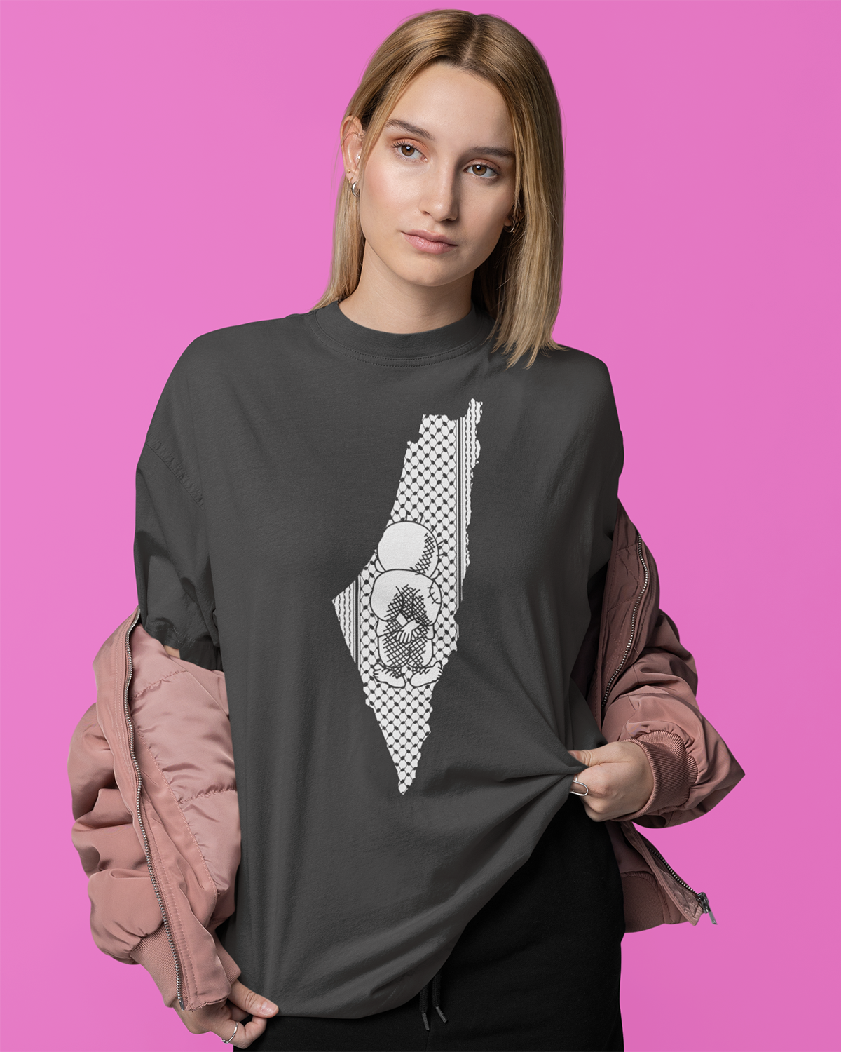 Palestine Map with Handala and Kufiya Oversized Faded T-shirt