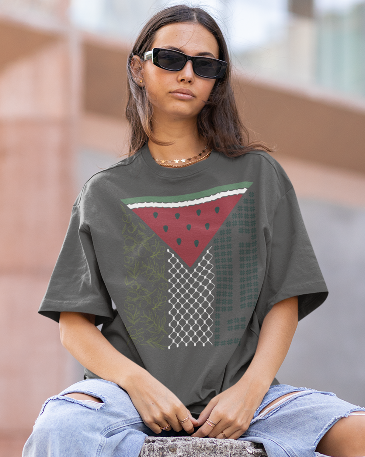 Palestine Flag Symbols Oversized Faded T-shirt