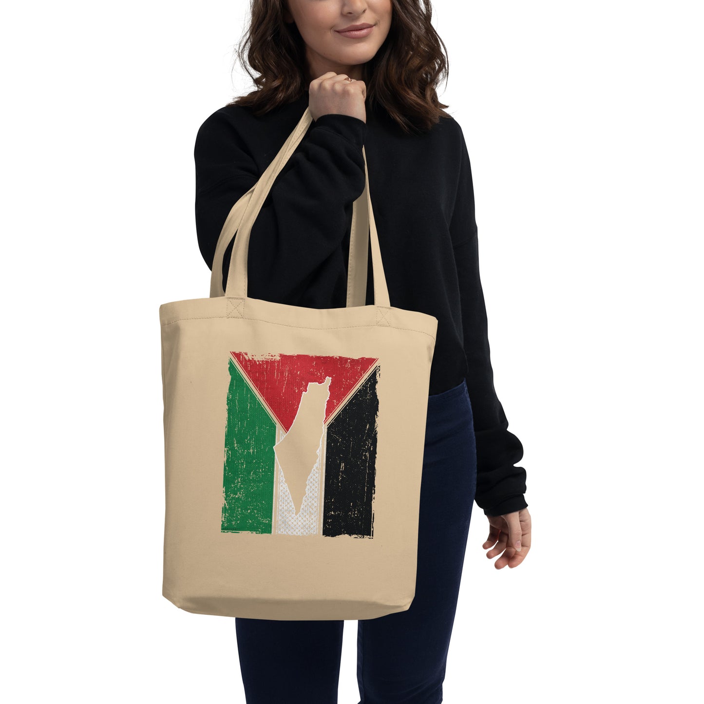 Palestine Flag, Map & Kufiya Fish Net Pattern Eco Tote Bag