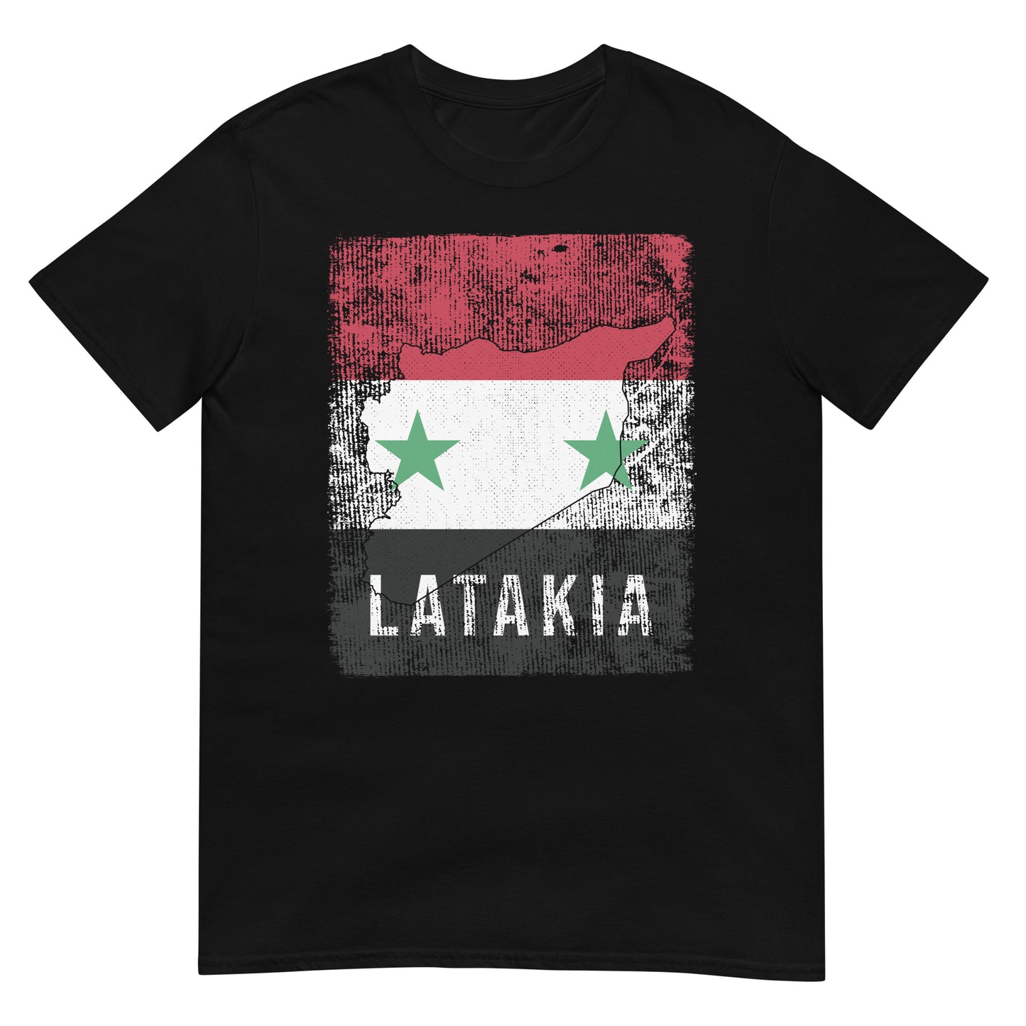 T-shirt unisexe avec drapeau, carte et ville de la Syrie - Lattaquié