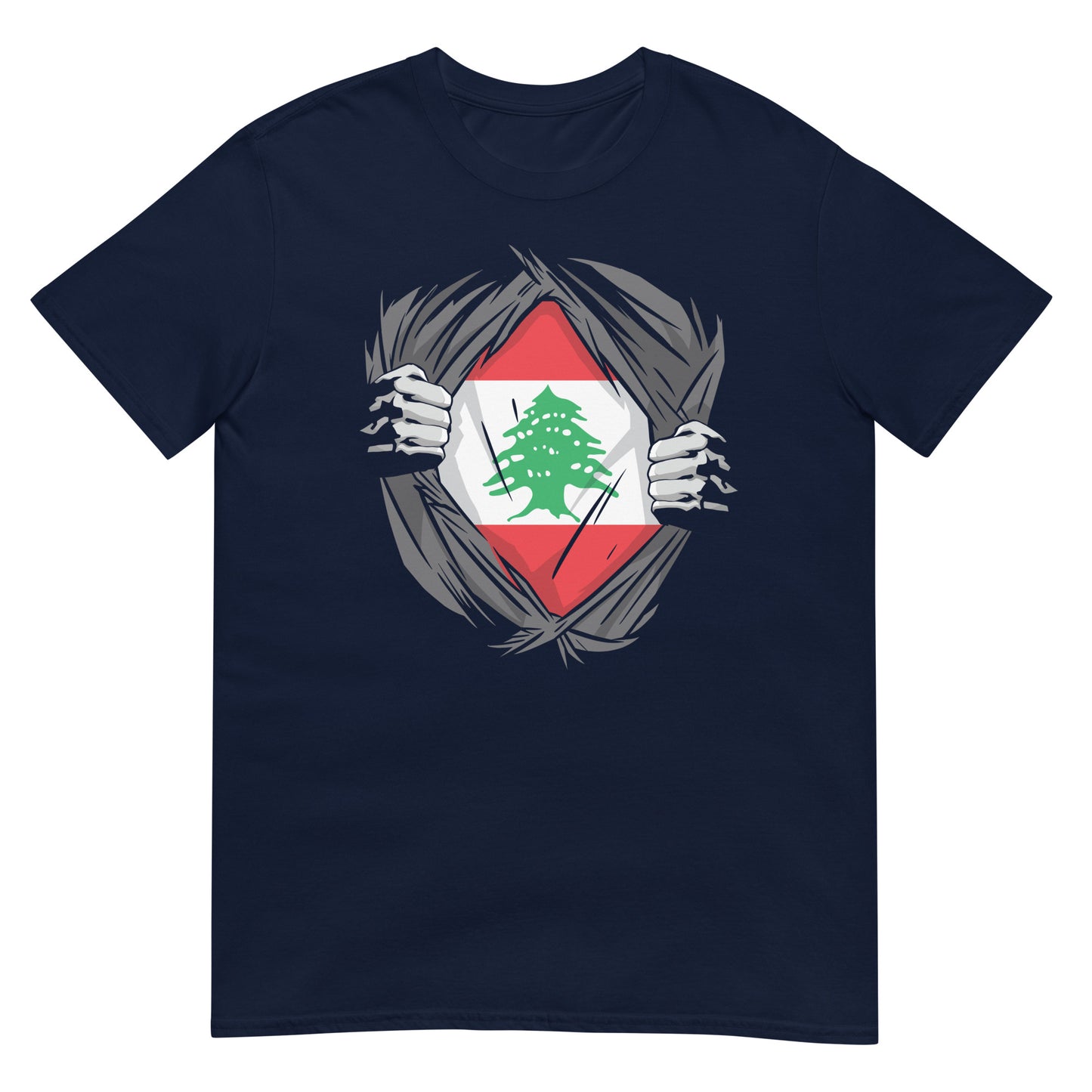 Zerreißendes Hemd und Enthüllung der Flagge des Libanon. Unisex-T-Shirt